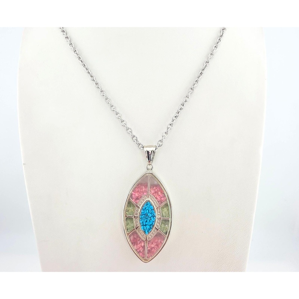 Shaker Necklace Window Pane Turquoise Peridot Chip Mosaic Silver Plate 20"